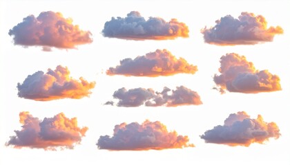 Collection of isolated fluffy cumulus clouds with golden hour light, perfect for sky replacement, weather, and nature designs. Set of nine clouds on white background.