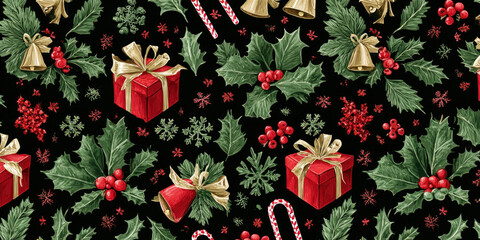 Festive Vintage Christmas Holly, Gifts, and Candy Cane Seamless Pattern