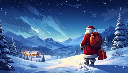 Santa walking through snowy twilight forest with gift sack under starry sky.