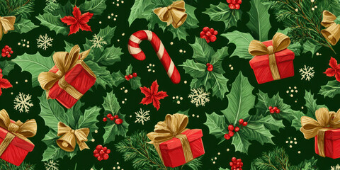Festive Vintage Christmas Holly, Gifts, and Candy Cane Seamless Pattern