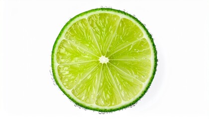 Fresh lime slice with water drops on white background, vibrant green citrus fruit close-up, healthy food ingredient, refreshing drink element