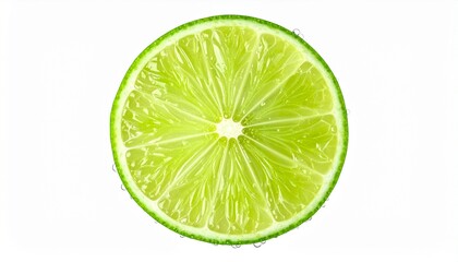 Fresh lime slice with water drops on white background, vibrant citrus fruit close-up for healthy food and drink concepts