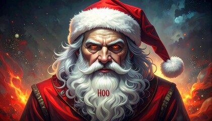 Fierce Santa with glowing red eyes, fiery clouds, and "HOO" on beard.