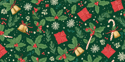 Festive Vintage Christmas Holly, Gifts, and Candy Cane Seamless Pattern