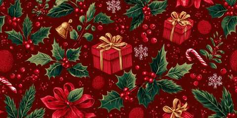 Festive Vintage Christmas Holly, Gifts, and Candy Cane Seamless Pattern