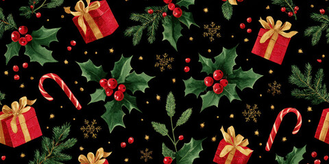 Festive Vintage Christmas Holly, Gifts, and Candy Cane Seamless Pattern
