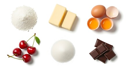 Baking ingredients flour butter eggs cherries sugar chocolate