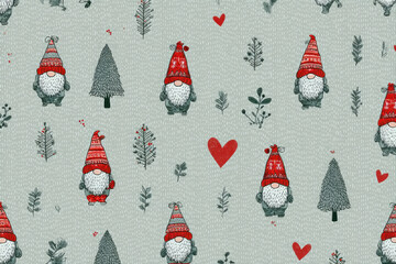 Vintage Christmas Gnome, Pine, and Berry Seamless Pattern