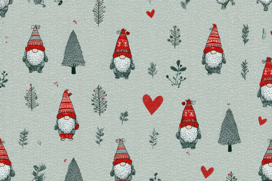 Vintage Christmas Gnome, Pine, and Berry Seamless Pattern