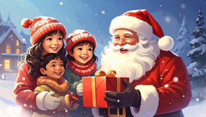 Santa with three children exchanging gifts in snowy yard near glowing house.