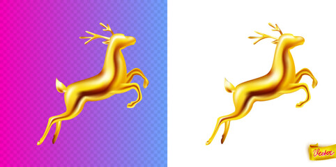 Realistic golden reindeer in dynamic pose. Shiny festive vector element for Christmas designs, luxury decor, holiday cards, branding, and elegant seasonal graphics