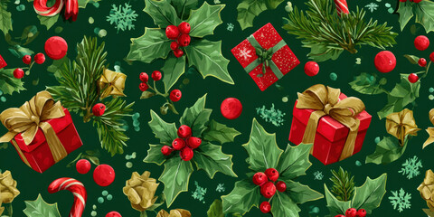 Festive Vintage Christmas Holly, Gifts, and Candy Cane Seamless Pattern