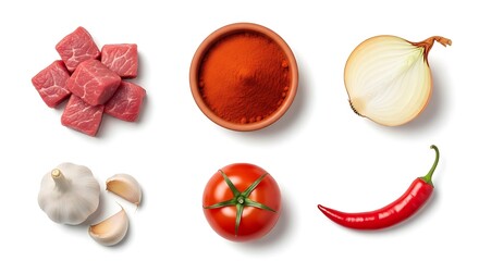 Raw ingredients arranged for culinary preparation on a white surface