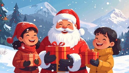 Santa with children in snowy landscape holding gifts, joyful winter celebration.