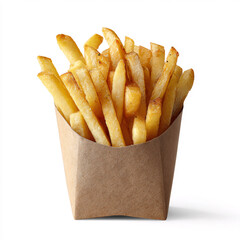 Crispy golden French fries in kraft paper container isolated on white background