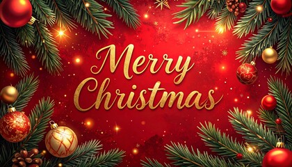 "Merry Christmas" greeting with red background, pine branches, ornaments, and golden sparkles.