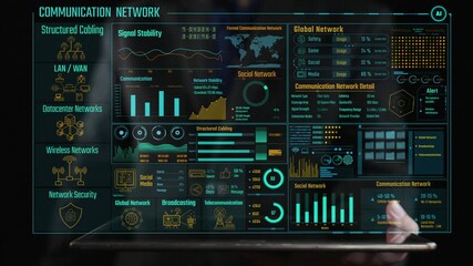 This image showcases an informative visualization of a communication network with insights into structured cabling, network security, and social connectivity metrics. Cipher - Powered by Adobe