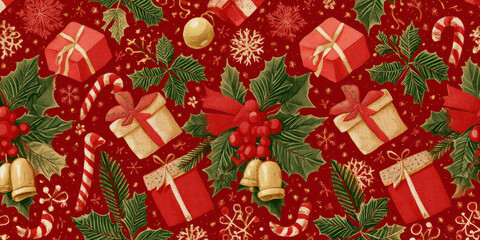 Festive Vintage Christmas Holly, Gifts, and Candy Cane Seamless Pattern