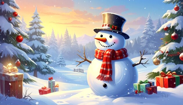Cheerful snowman with red hat and scarf beside Christmas tree in snowy landscape.