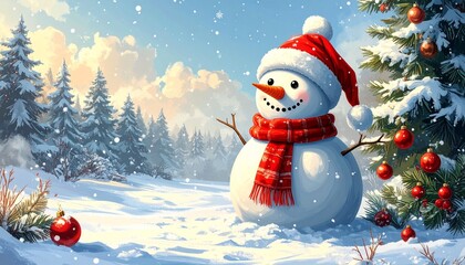 Cheerful snowman with red hat and scarf beside Christmas tree in snowy landscape.
