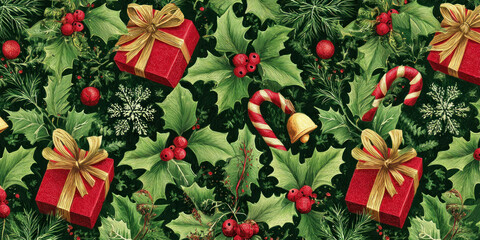 Festive Vintage Christmas Holly, Gifts, and Candy Cane Seamless Pattern