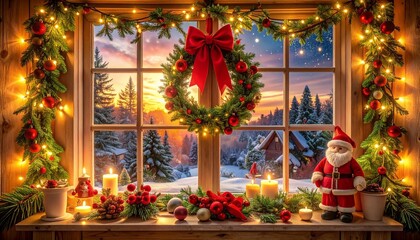 Cozy Christmas window scene with wreath, candles, snow, and sunset view.