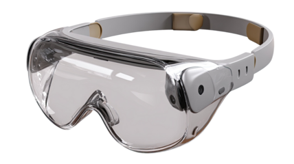 clear protective safety goggles with adjustable frame displayed in clean arrangement with sharp detail isolated on white background