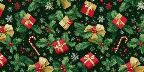 Festive Vintage Christmas Holly, Gifts, and Candy Cane Seamless Pattern
