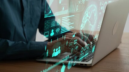 A modern workspace featuring a laptop with digital communication icons overlay, symbolizing network technologies and collaborative efforts in a professional setting. Cipher - Powered by Adobe