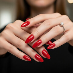 Woman with glossy red nails showing elegance and style in a modern indoor setting
