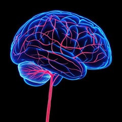 Glowing blue brain with red arterial network on black
