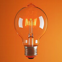 Lit filament bulb, glowing warm, against orange backdrop