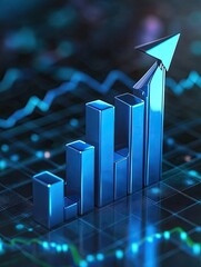 Blue bar graph with upward arrow showing increase