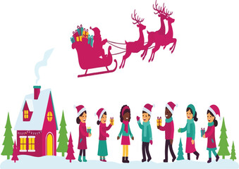 Merry christmas scene with santas sleigh, reindeer, children and house isolated on white background