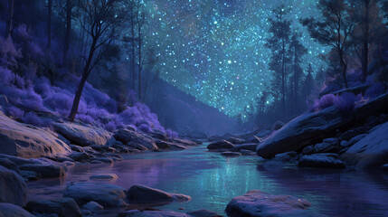 Peaceful night scene with a river flowing through a forest under a starry sky, serene landscape with trees, rocks, and water reflecting the cosmos, tranquil nature, and a sense of calm.