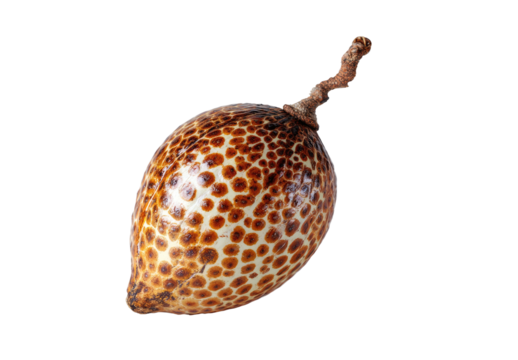 Textured brown seed with patterned shell on a dark background
