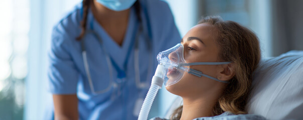 Woman patient oxygen mask hospital bed nurse care medical support breathing tube health recovery