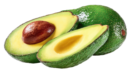 Fresh half avocado fruit, green, ripe, and healthy, isolated on a white background, showing the organic seed and raw tropical ingredient slice