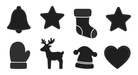 Collection of black christmas icons including bell star stocking mitten reindeer hat and heart