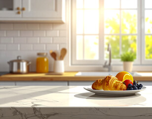 Delicious Morning Croissant and Berries on Marble Countertop in Bright Kitchen.