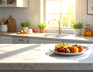 Fluffy Morning Pancakes with Fresh Berries on a Bright Marble Counter