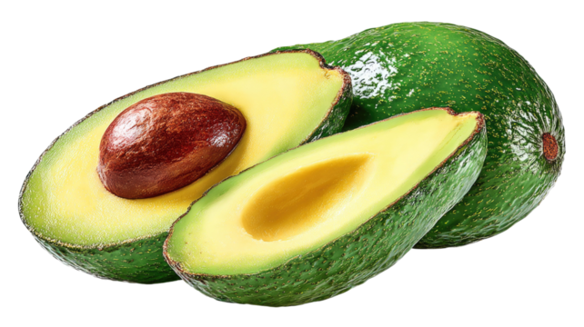 Fresh half avocado fruit, green, ripe, and healthy, isolated on a white background, showing the organic seed and raw tropical ingredient slice