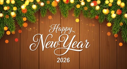 Festive happy new year 2026 greeting with glowing fairy lights and evergreen branches adorning a rustic wooden background perfect for holiday celebrations and winter events