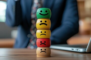 Stacked wooden emotion toys with suited person blurred