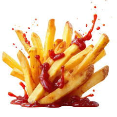Golden fries with ketchup splatters, tasty treat on black