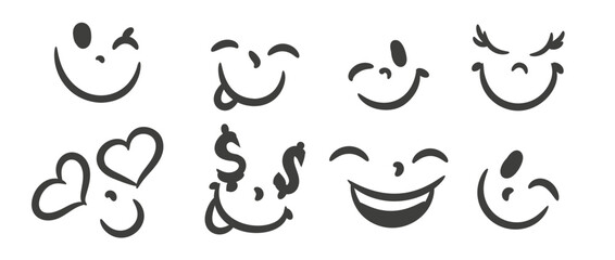 Vector set of hand drawn smile icons in brush style. Cute emotional faces, doodle expressions, playful minimal line art for stickers, design, prints and decoration