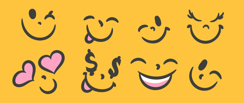 Playful hand drawn smile icons with hearts and expressive faces on a bright yellow background. Perfect for stickers, kids designs, branding and fun creative projects