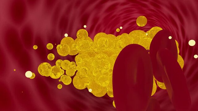 Medication clears blood clots. After taking the medication, the drug molecules clear the blood clots from the blood vessels. Blood vessels are restored to health, 3d animation.