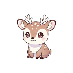 Cute Cartoon Deer Adorable Fawn Illustration with Big Eyes, White Background, and Antlers