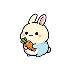 Cute kawaii cartoon bunny rabbit holding a fresh carrot, adorable illustration for children's books and design projects